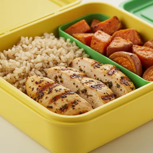 Frango grelhado com arroz integral e batata doce