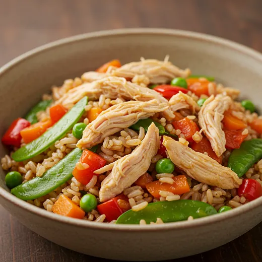 Arroz integral com frango desfiado e legumes